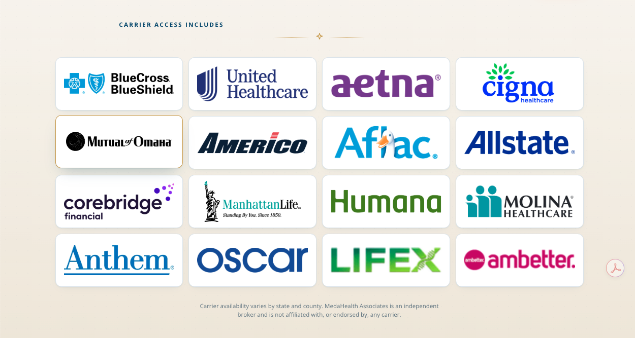 Carrier access includes Blue Cross Blue Shield, UnitedHealthcare, Aetna, Cigna, Mutual of Omaha, Americo, Aflac, Allstate, Corebridge Financial, ManhattanLife, Humana, Molina Healthcare, Anthem, Oscar, LifeX and Ambetter